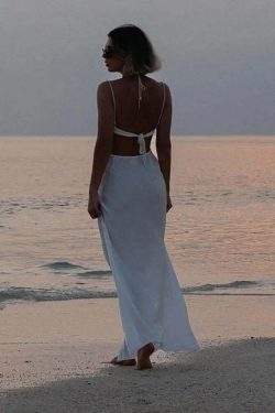 Y2K Grunge Sleeveless Hollow Out Maxi Dress - Sexy Lace Up Backless Slim Fit Beach Party Robe