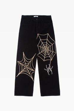 Y2K Grunge Spider Web Jeans - 90S Fashion, Retro Style, Gothic Y2K, Summer Y2K Outfits