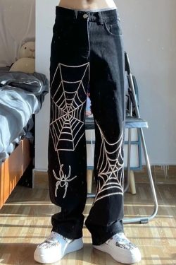 Y2K Grunge Spider Web Jeans - 90S Fashion, Retro Style, Gothic Y2K, Summer Y2K Outfits