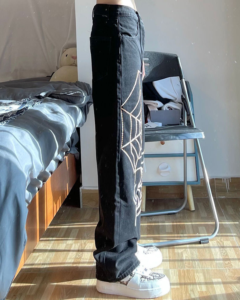 Y2K Grunge Spider Web Jeans - 90S Fashion, Retro Style, Gothic Y2K, Summer Y2K Outfits Y2K Grunge Spider Web Jeans - 90S Fashion, Retro Style, Gothic Y2K, Summer Y2K Outfits