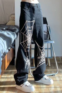 Y2K Grunge Spider Web Jeans - 90S Fashion, Retro Style, Gothic Y2K, Summer Y2K Outfits
