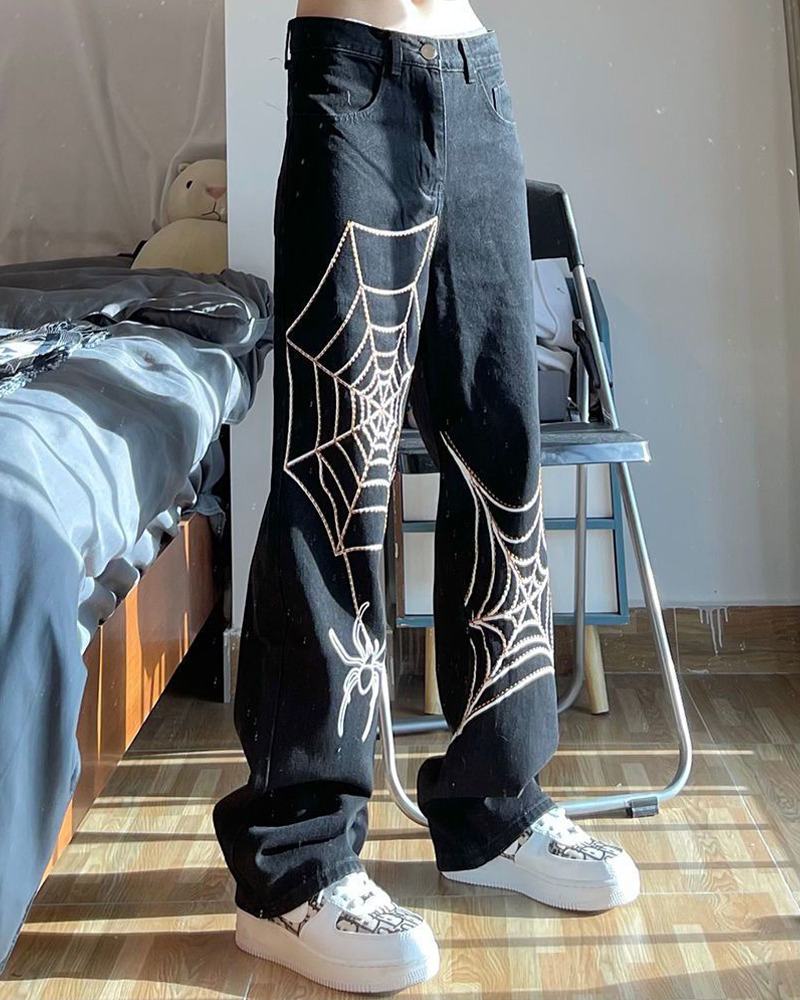 Y2K Grunge Spider Web Jeans - 90S Fashion, Retro Style, Gothic Y2K, Summer Y2K Outfits Y2K Grunge Spider Web Jeans - 90S Fashion, Retro Style, Gothic Y2K, Summer Y2K Outfits