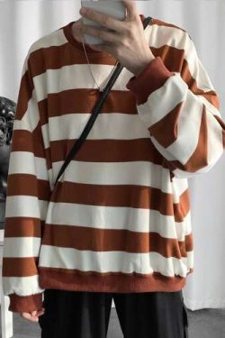 Y2K Grunge Striped Loose Sweater - 90S Fashion, Retro Style, Y2K Summer Outfits