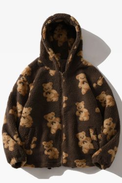 Y2K Grunge Teddy Bear Fleece Jacket - Retro 90S Fashion, Summer Y2K Outfits, Pastel Goth Style