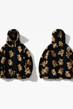 Y2K Grunge Teddy Bear Fleece Jacket - Retro 90S Fashion, Summer Y2K Outfits, Pastel Goth Style