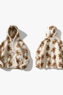 Y2K Grunge Teddy Bear Fleece Jacket - Retro 90S Fashion, Summer Y2K Outfits, Pastel Goth Style