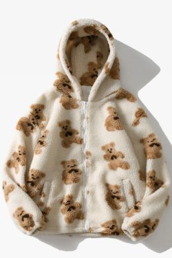 Y2K Grunge Teddy Bear Fleece Jacket - Retro 90S Fashion, Summer Y2K Outfits, Pastel Goth Style