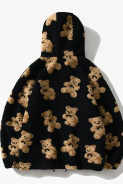 Y2K Grunge Teddy Bear Fleece Jacket - Retro 90S Fashion, Summer Y2K Outfits, Pastel Goth Style