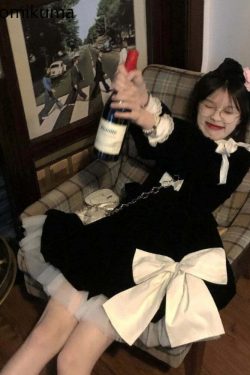 Y2K Grunge Velvet Dress - Cute Peter Pan Collar A-Line Black Robe Femme With Bow Bandage