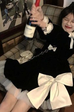 Y2K Grunge Velvet Dress - Cute Peter Pan Collar A-Line Black Robe Femme With Bow Bandage