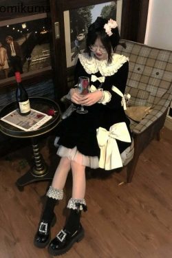 Y2K Grunge Velvet Dress - Cute Peter Pan Collar A-Line Black Robe Femme With Bow Bandage