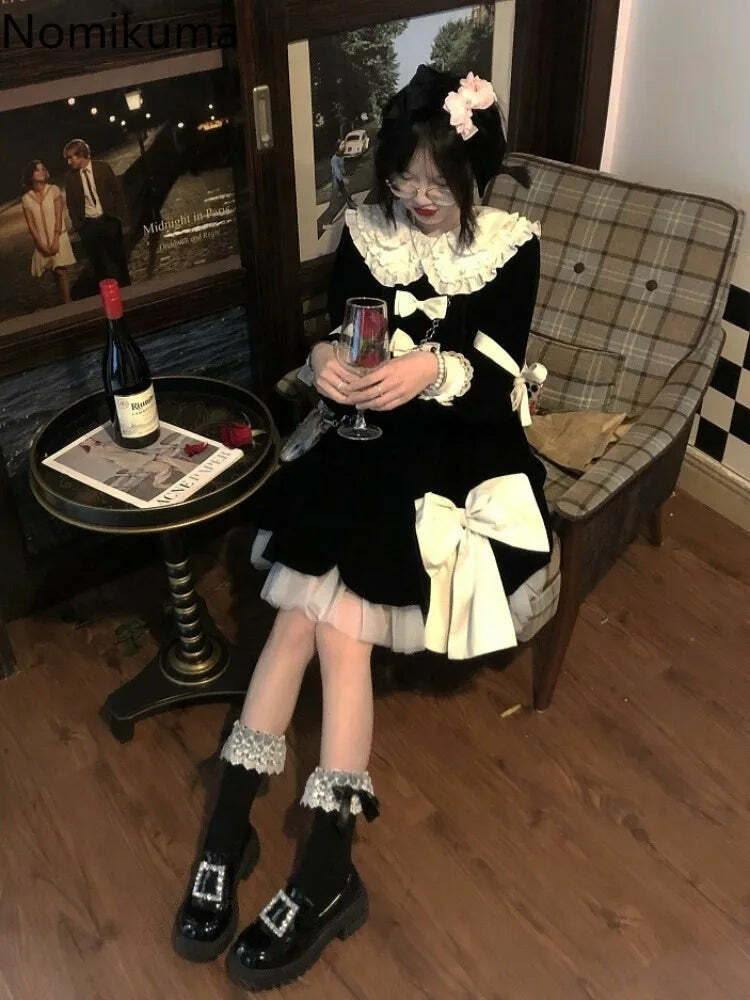 Y2K Grunge Velvet Dress - Cute Peter Pan Collar A-Line Black Robe Femme With Bow Bandage Y2K Grunge Velvet Dress - Cute Peter Pan Collar A-Line Black Robe Femme With Bow Bandage