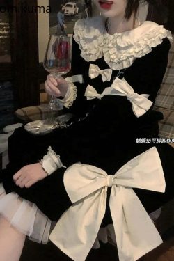 Y2K Grunge Velvet Dress - Cute Peter Pan Collar A-Line Black Robe Femme With Bow Bandage