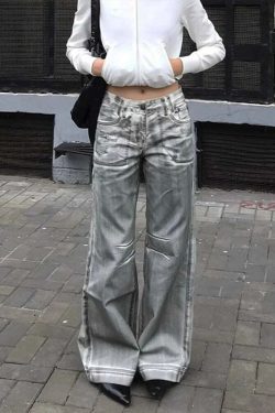 Y2K Grunge White Dirty Fit Baggy Low Waist Wide Leg Jeans - Vintage 90S Destroy Wash Denim Pants