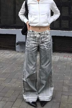 Y2K Grunge White Dirty Fit Baggy Low Waist Wide Leg Jeans - Vintage 90S Destroy Wash Denim Pants