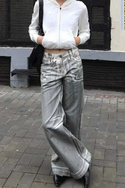 Y2K Grunge White Dirty Fit Baggy Low Waist Wide Leg Jeans - Vintage 90S Destroy Wash Denim Pants