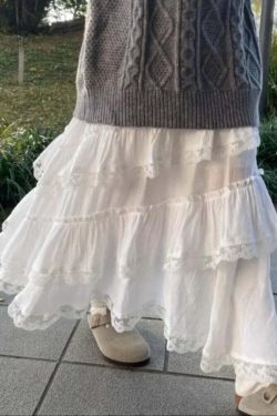 Y2K Grunge White Lace Ruffle Skirt - Sweet High Waist A-Line Mid-Length Cake Skirt For Women