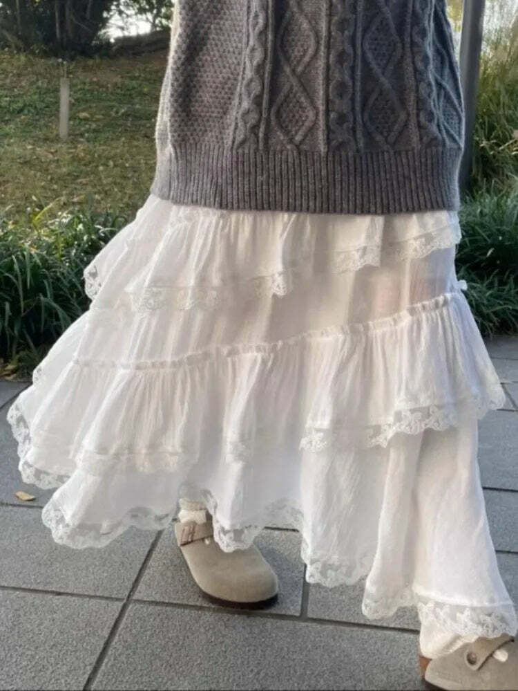 Y2K Grunge White Lace Ruffle Skirt - Sweet High Waist A-Line Mid-Length Cake Skirt For Women