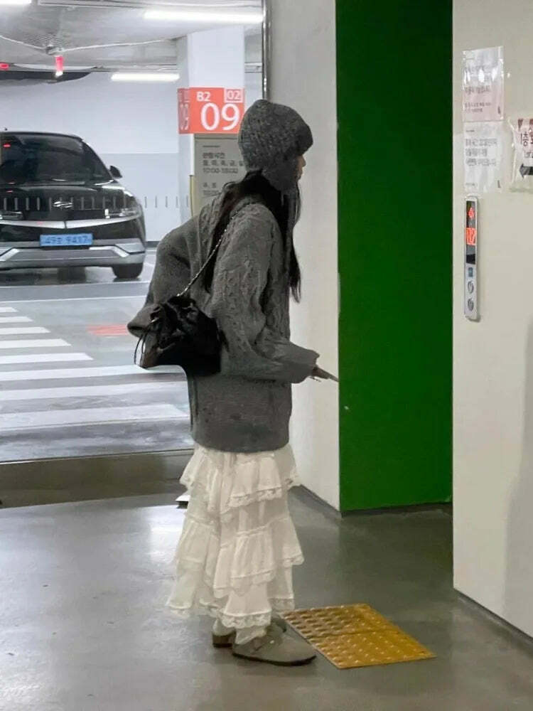 Y2K Grunge White Lace Ruffle Skirt - Sweet High Waist A-Line Mid-Length Cake Skirt For Women