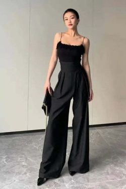 Y2K Grunge Wide-Leg Pants - High Waist, Loose Fit, Retro 90S Style, Casual Black Trousers