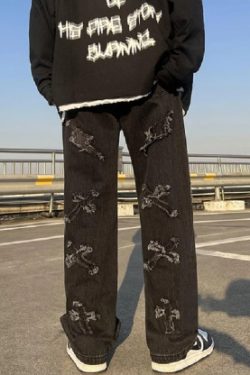 Y2K Grunge Wide Leg Denim Jeans - Retro 90S Fashion, Summer Y2K Outfits, Gothic Y2K Style