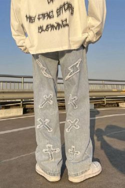 Y2K Grunge Wide Leg Denim Jeans - Retro 90S Fashion, Summer Y2K Outfits, Gothic Y2K Style
