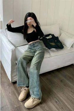 Y2K Grunge Wide Leg Jeans - High Waist Loose Straight Denim Pants - 90S Retro Streetwear