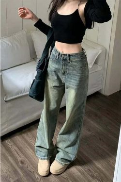 Y2K Grunge Wide Leg Jeans - High Waist Loose Straight Denim Pants - 90S Retro Streetwear