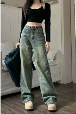 Y2K Grunge Wide Leg Jeans - High Waist Loose Straight Denim Pants - 90S Retro Streetwear