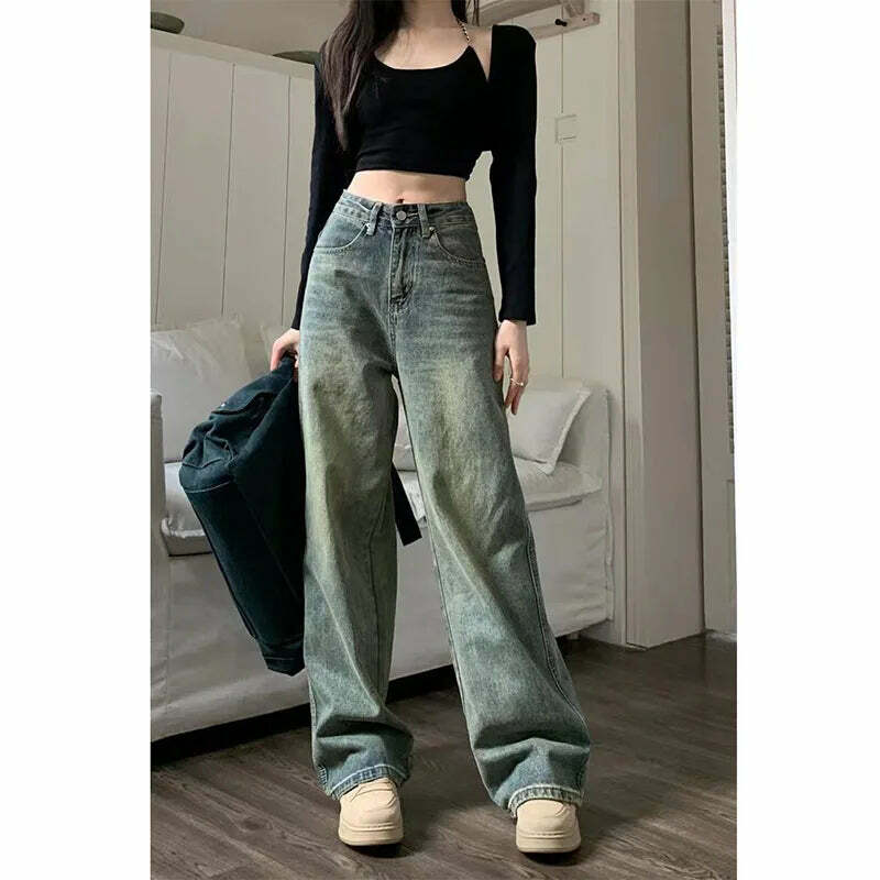 Y2K Grunge Wide Leg Jeans - High Waist Loose Straight Denim Pants - 90S Retro Streetwear Y2K Grunge Wide Leg Jeans - High Waist Loose Straight Denim Pants - 90S Retro Streetwear
