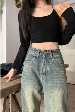 Y2K Grunge Wide Leg Jeans - High Waist Loose Straight Denim Pants - 90S Retro Streetwear