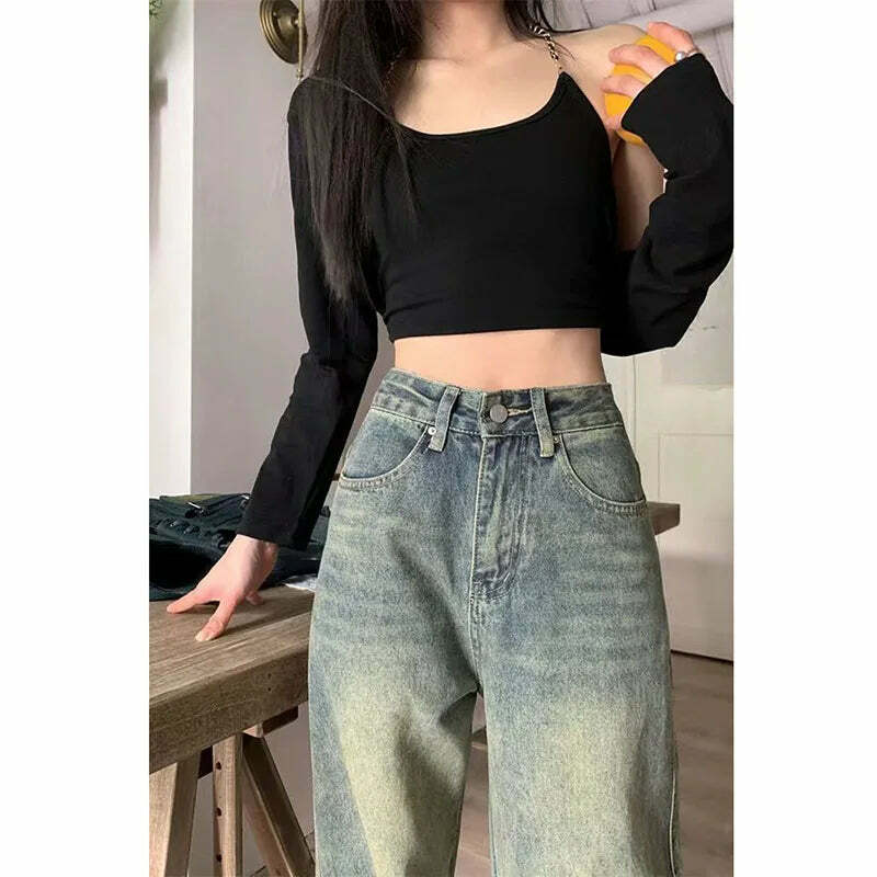Y2K Grunge Wide Leg Jeans - High Waist Loose Straight Denim Pants - 90S Retro Streetwear Y2K Grunge Wide Leg Jeans - High Waist Loose Straight Denim Pants - 90S Retro Streetwear