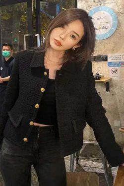 Y2K Grunge Wool Tweed Coat - Elegant Korean Chic Autumn Jacket For Women