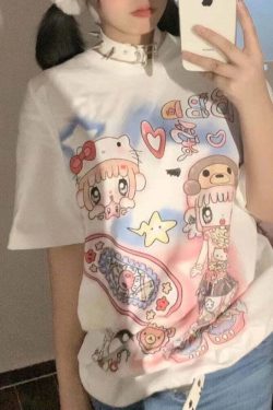 Y2K Harajuku Streetwear T-Shirts Women Kawaii Star Cartoon Print Loose Tees Grunge Summer Tops