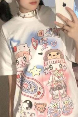 Y2K Harajuku Streetwear T-Shirts Women Kawaii Star Cartoon Print Loose Tees Grunge Summer Tops