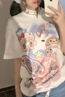 Y2K Harajuku Streetwear T-Shirts Women Kawaii Star Cartoon Print Loose Tees Grunge Summer Tops