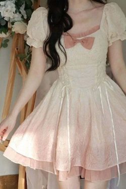 Y2K Kawaii Lolita Mini Dress - Pink Bow Princess Sweet Party A-Line Fairy Dress Spring
