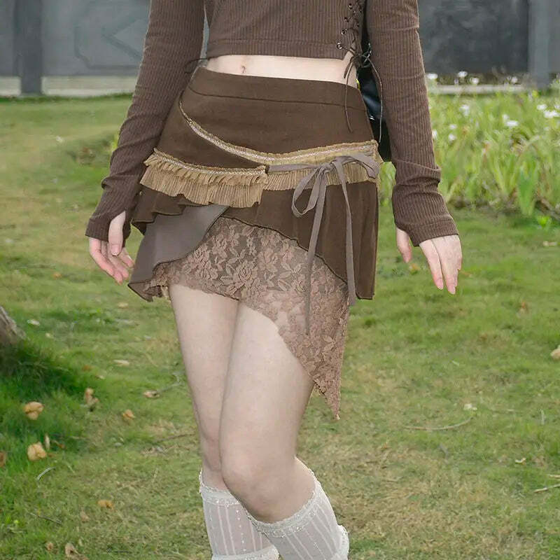 Y2K Low Waist Patchwork Vintage Mini Skirt - Irregular Bandage Lace Streetwear Grunge Outfit Y2K Low Waist Patchwork Vintage Mini Skirt - Irregular Bandage Lace Streetwear Grunge Outfit