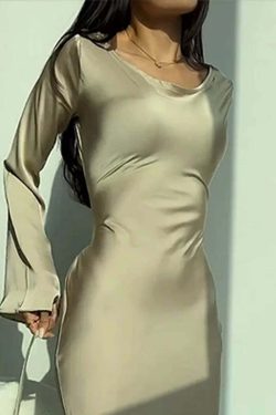 Y2K Maxi Dress Silk Satin Flare Sleeve Lace Up Slim Skirt - Sexy Chic Evening Party Outfit