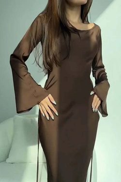 Y2K Maxi Dress Silk Satin Flare Sleeve Lace Up Slim Skirt - Sexy Chic Evening Party Outfit