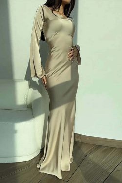 Y2K Maxi Dress Silk Satin Flare Sleeve Lace Up Slim Skirt - Sexy Chic Evening Party Outfit