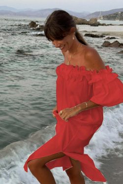 Y2K One Shoulder Ruffle Dress - Summer Casual Solid Slit Long Dress, 90S Grunge Hawaii Vibes