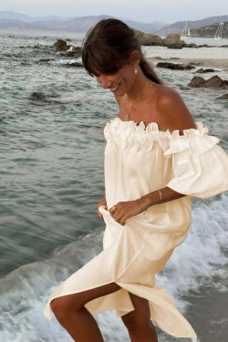 Y2K One Shoulder Ruffle Dress - Summer Casual Solid Slit Long Dress, 90S Grunge Hawaii Vibes