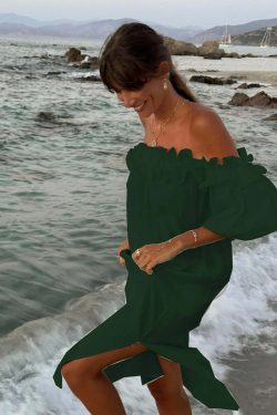 Y2K One Shoulder Ruffle Dress - Summer Casual Solid Slit Long Dress, 90S Grunge Hawaii Vibes