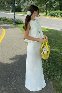 Y2K Pleated Lace-Up Tank Top & Skirt Set - Sleeveless O-Neck Ruffles, Chic Summer Grunge Outfit