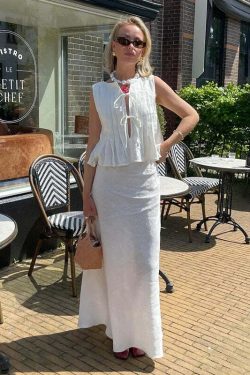 Y2K Pleated Lace-Up Tank Top & Skirt Set - Sleeveless O-Neck Ruffles, Chic Summer Grunge Outfit