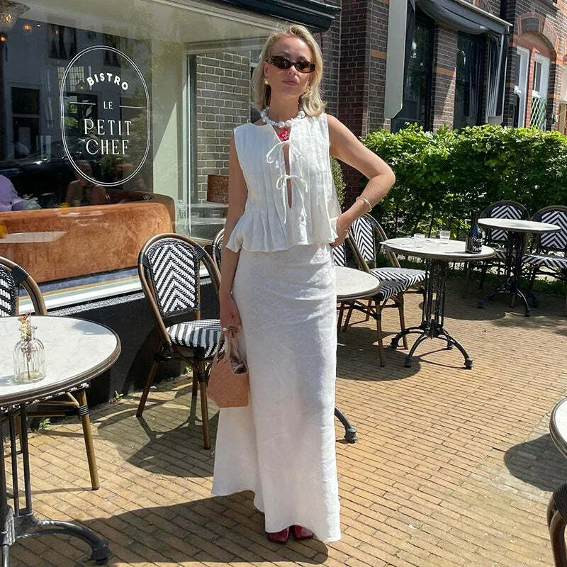 Y2K Pleated Lace-Up Tank Top & Skirt Set - Sleeveless O-Neck Ruffles, Chic Summer Grunge Outfit