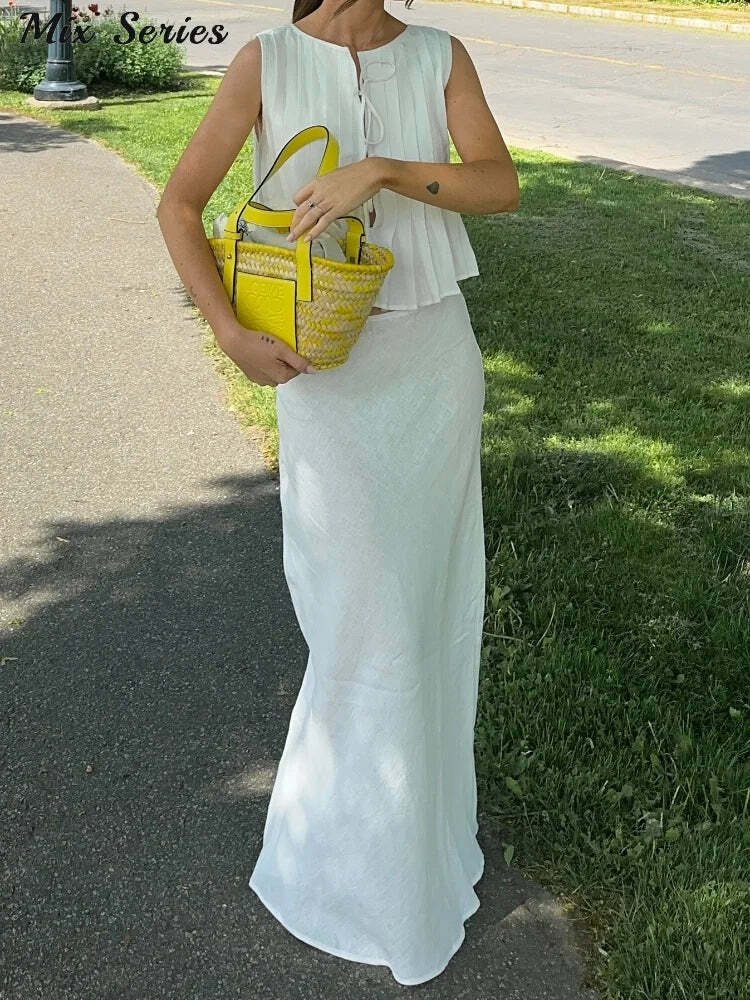 Y2K Pleated Lace-Up Tank Top & Skirt Set - Sleeveless O-Neck Ruffles, Chic Summer Grunge Outfit