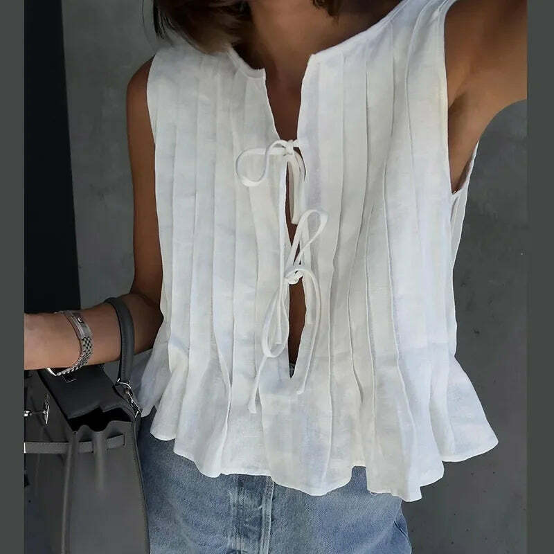 Y2K Pleated Lace-Up Tank Top & Skirt Set - Sleeveless O-Neck Ruffles, Chic Summer Grunge Outfit