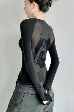 Y2K Retro Angel Print Slim Fit Long Sleeve T-Shirt For Women - Grunge E-Girl Fashion